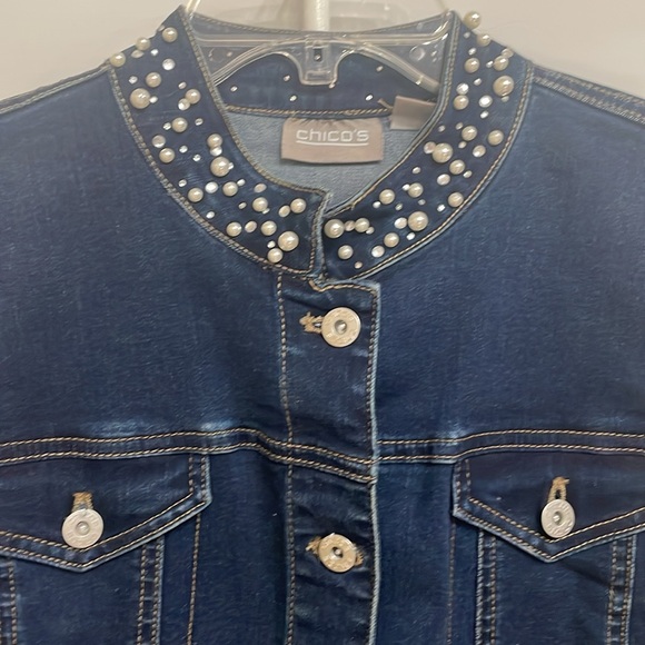 Chico’s size 2 Pearl & Rhinestone encrusted mock neck blue denim jacket. - Picture 3 of 7